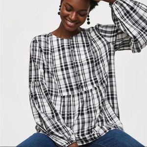 Loft Black White Plaid Blouson Popover Blouse Top